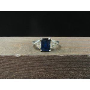 Size 5 Sterling Silver Worn Blue Glass And Clear CZ Band Ring Vintage Statement